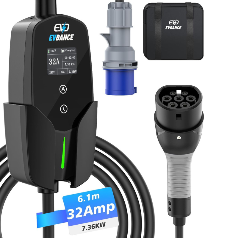 Evdance-oledディスプレイ付き電気自動車充電器,3 - Portable Ev Charger 32A Type 2 Cee Plug のレビューと価格