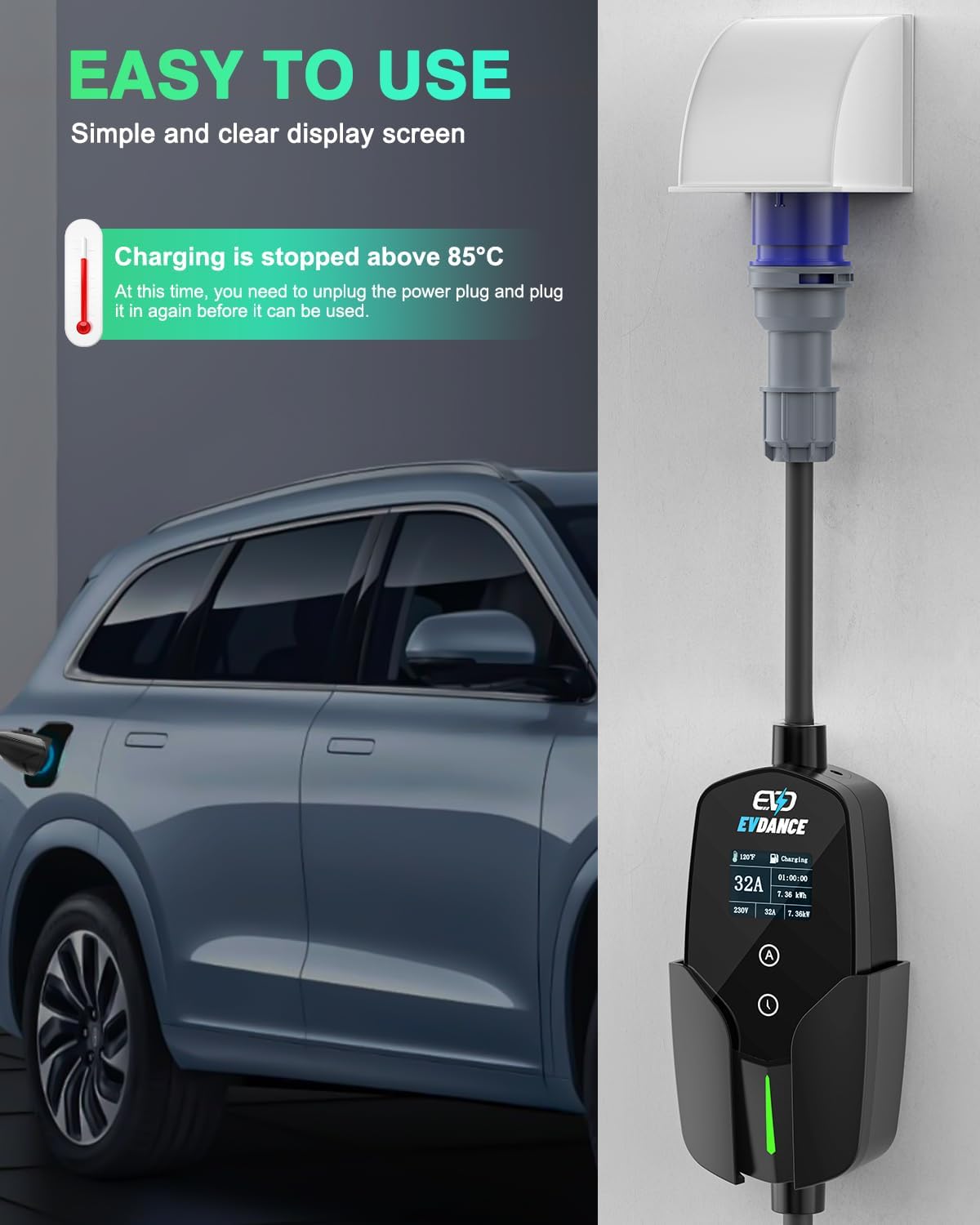 Evdance-oledディスプレイ付き電気自動車充電器,3 - Portable Ev Charger 32A Type 2 Cee Plug のレビューと価格